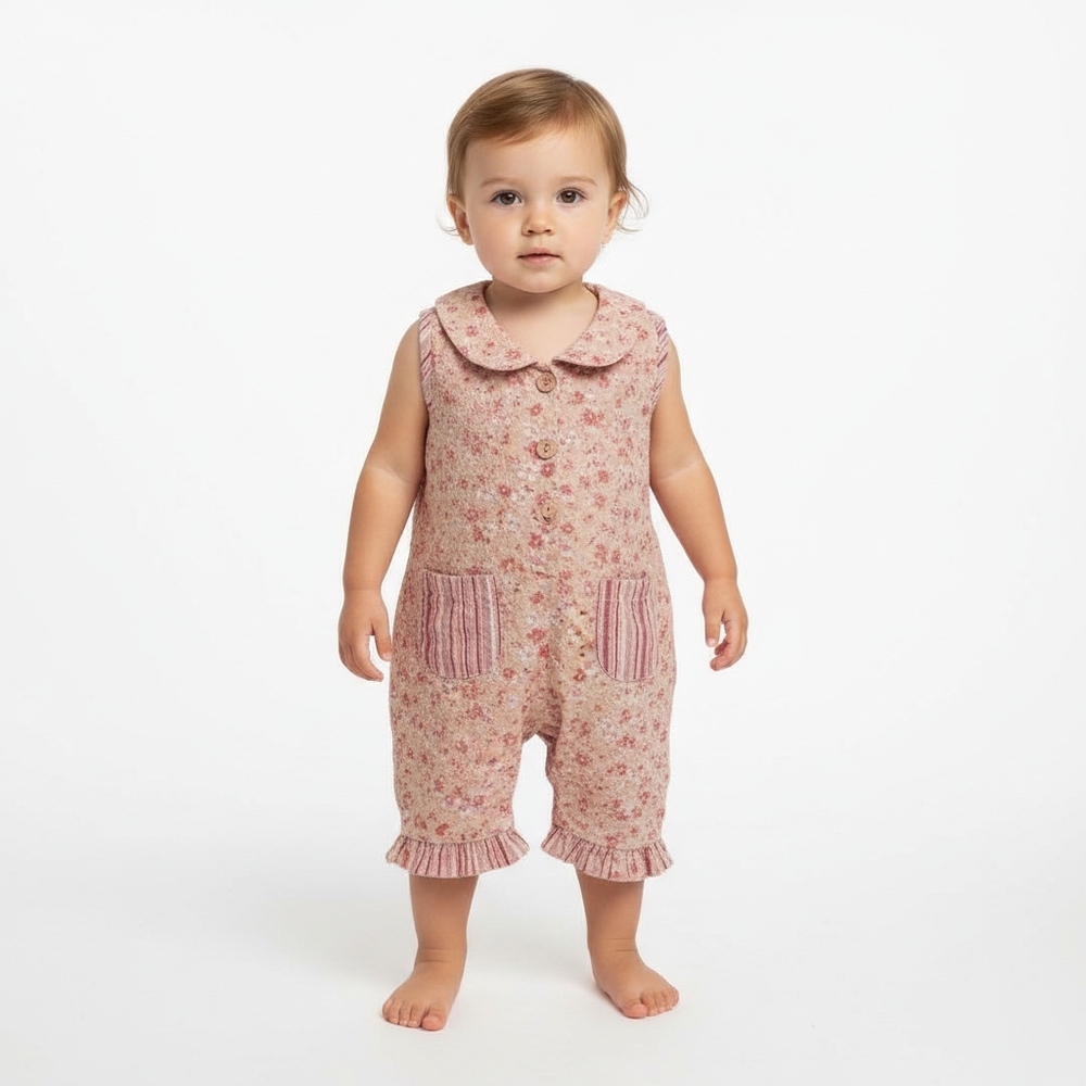 Bébémondë Baby Romper 3M Pink Floral with Striped Ruffle Trim Girl’s